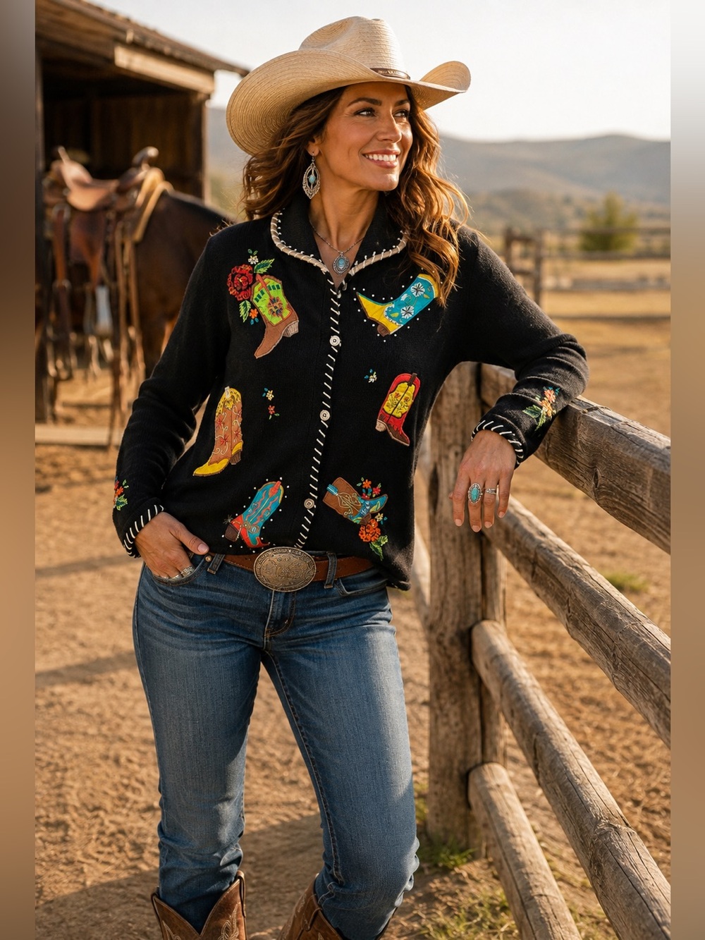 Black Western Boot Embroidered Cardigan Sweater